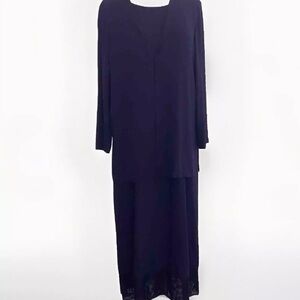 Eileen Fisher Navy Blue Scoop Neck Silk Sheathe Dress with Matching Jacket Sz M